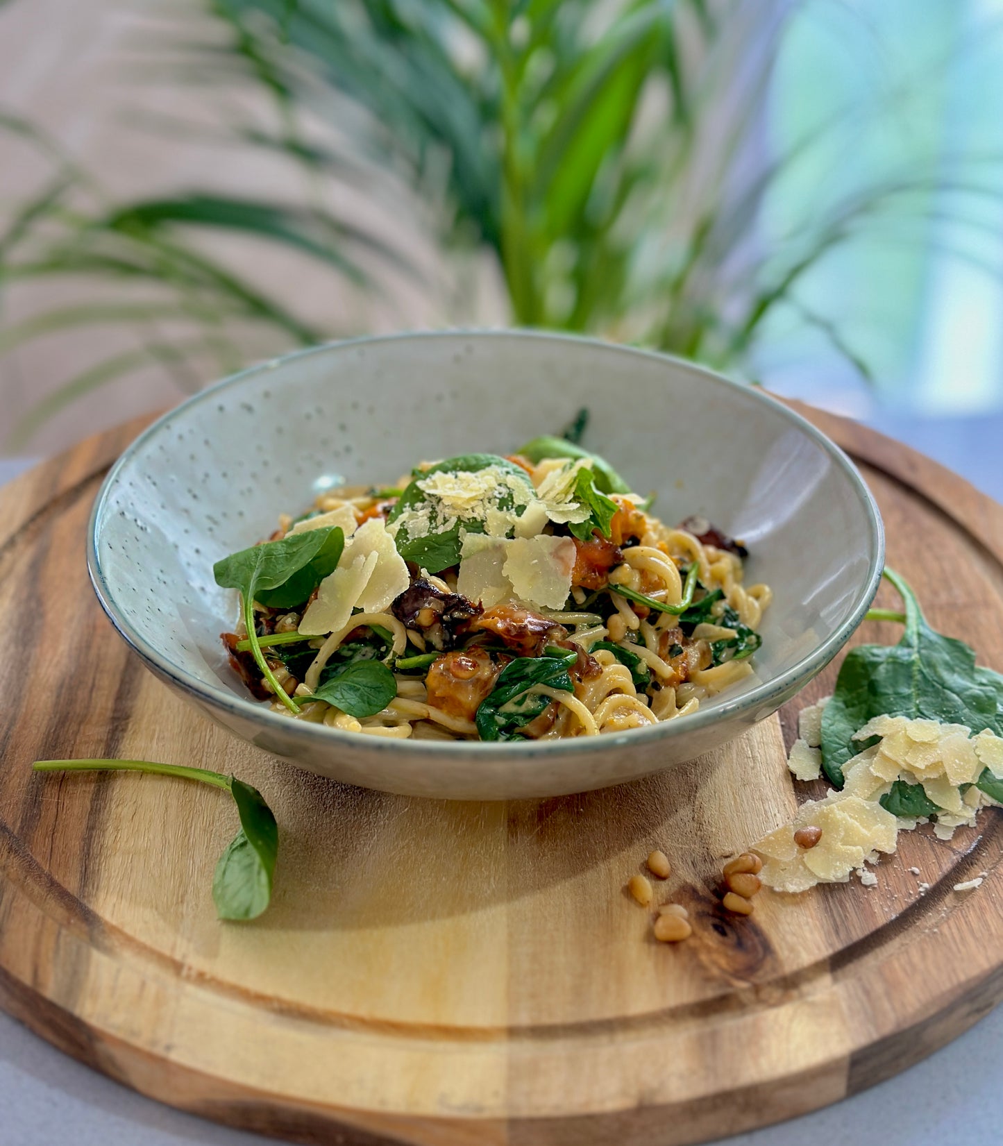 Roast Pumpkin, Spinach & Pine Nut Spaghetti